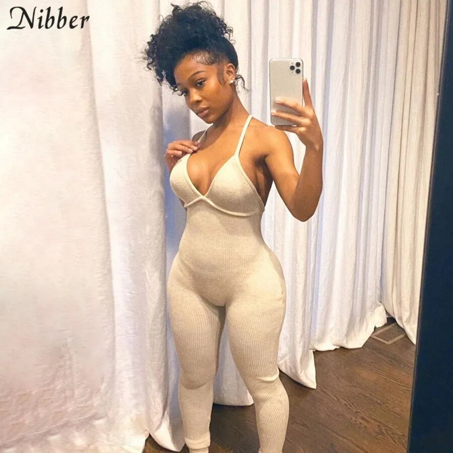 Backless Ribbed knitting jumpsuit