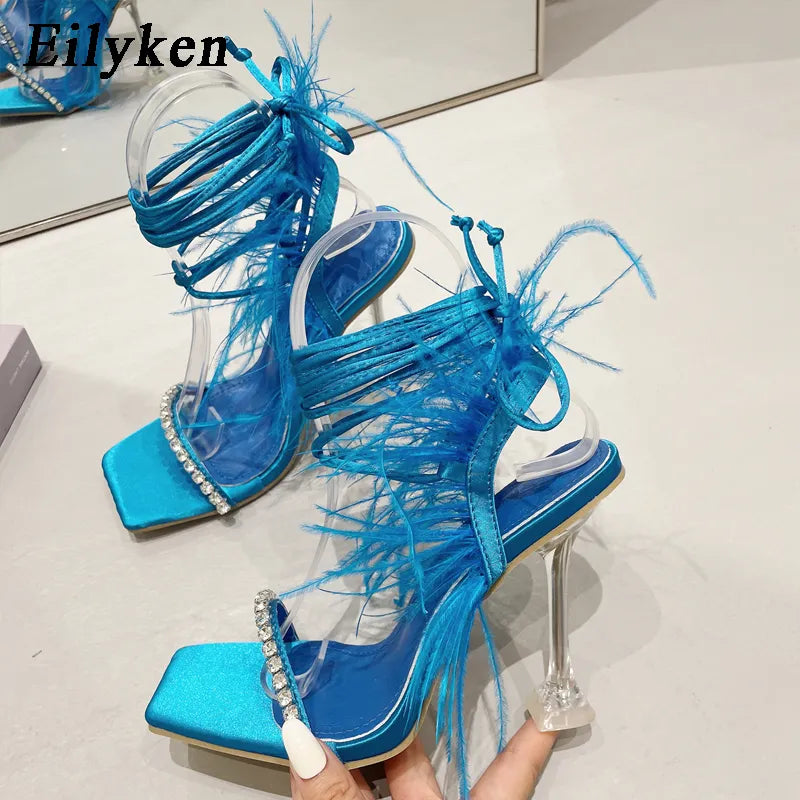 Blue Rhinestone Feather Lace-up Square Toe High Heels