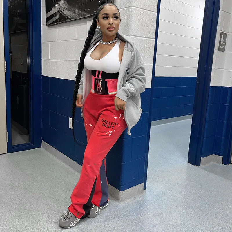 Graffiti Print Cargo Joggers Women'S Winter Colorful Sweatpants Straight Wide Leg Flared Sports Tracksuit Pants Y2K Color Block