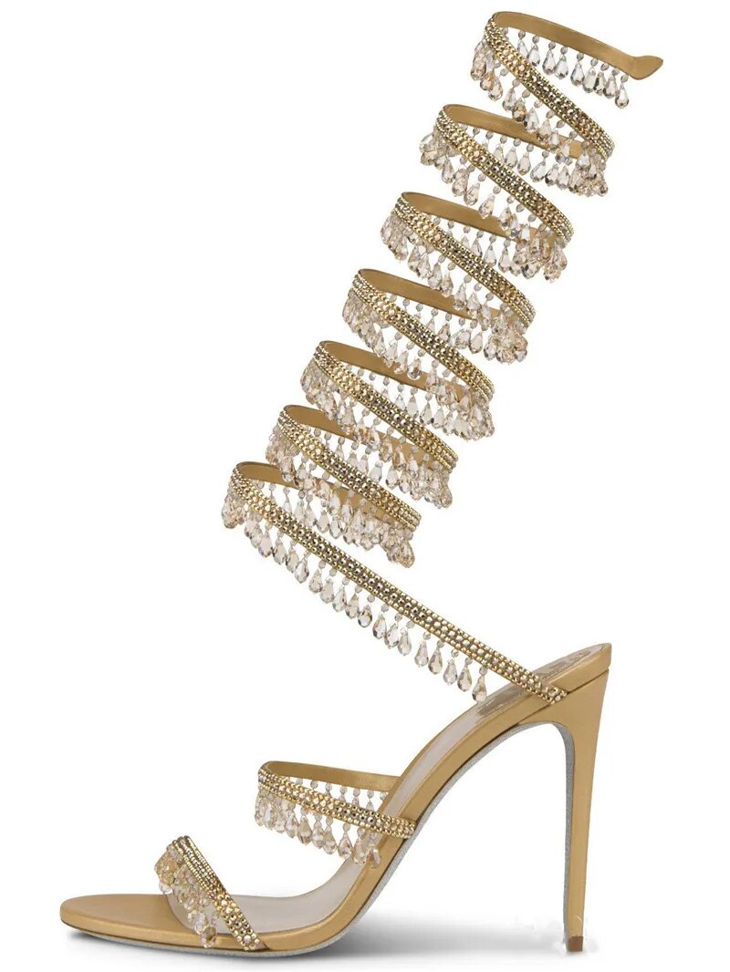 Long Gold Tassel Crystal Stiletto Heels