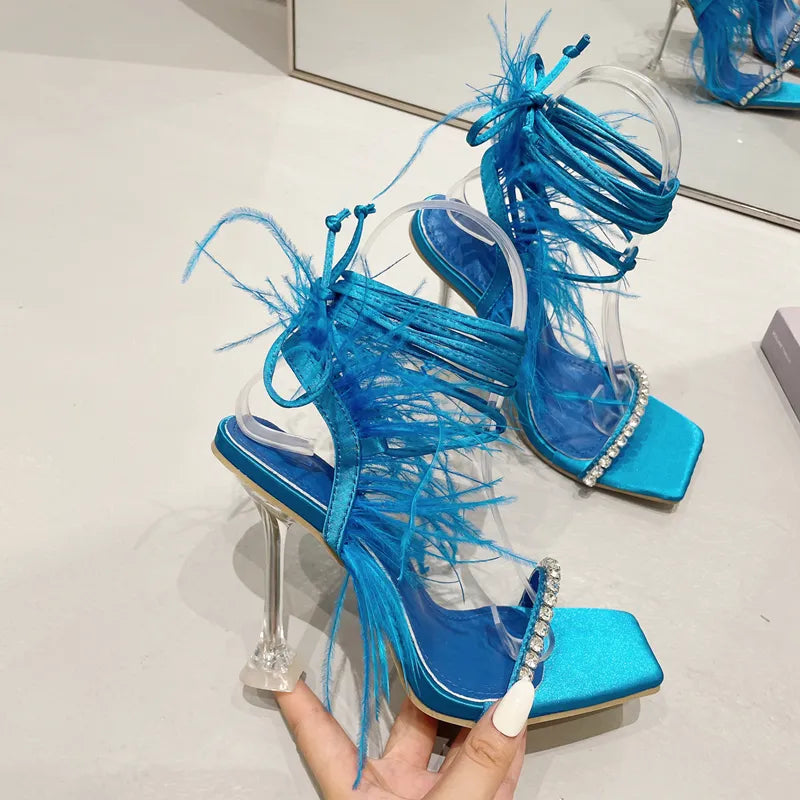 Blue Rhinestone Feather Lace-up Square Toe High Heels
