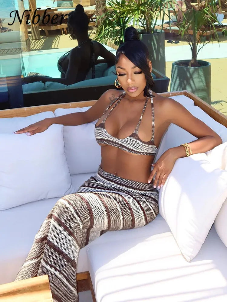 Knit Stripe Crochet Two Piece Set Women Halter Backless Bra +Low Waist Wraps Long Skirt Female Beach Outfits Suit