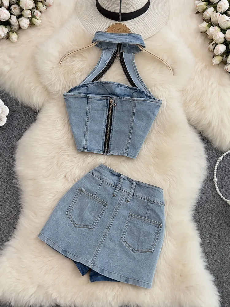 Backless Halter Denim Two Piece Set