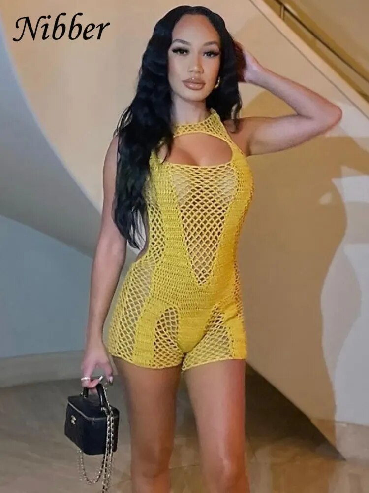 Knit Mesh Backless Sleeveless Romper