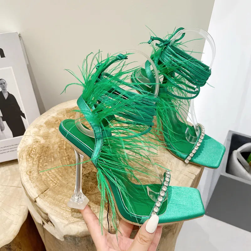 Green Rhinestone Feather Lace-up Square Toe High Heels