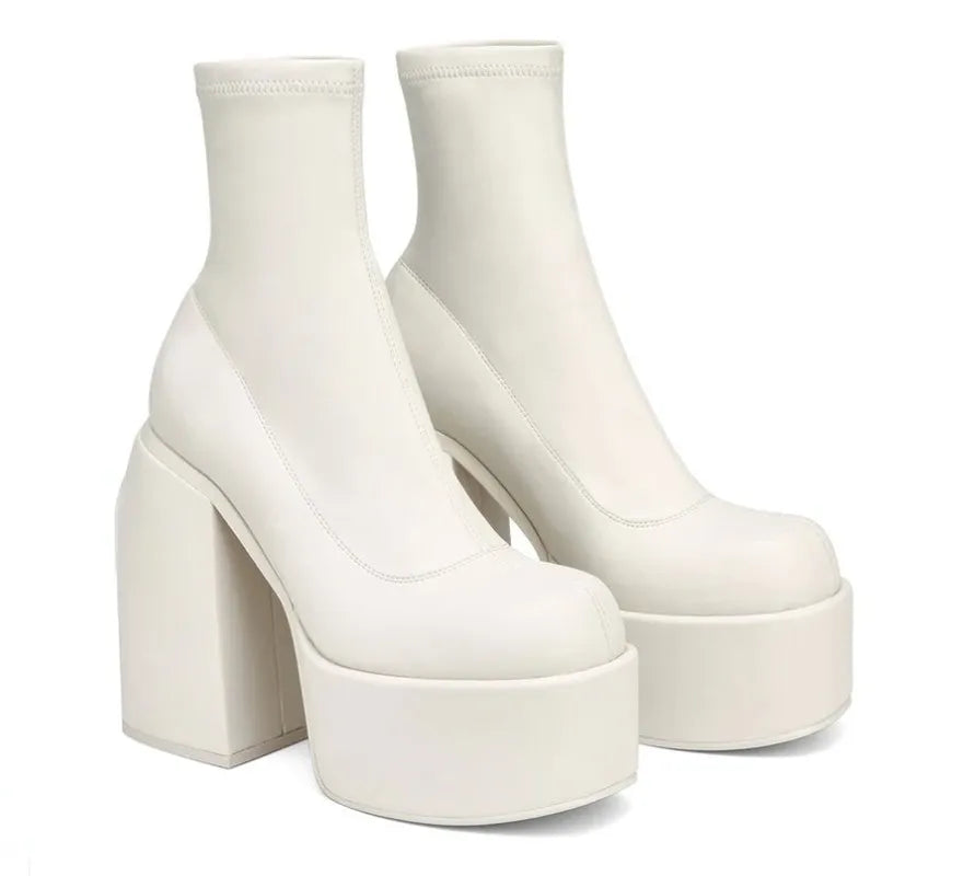 White Autumn Platform Chunky Heels