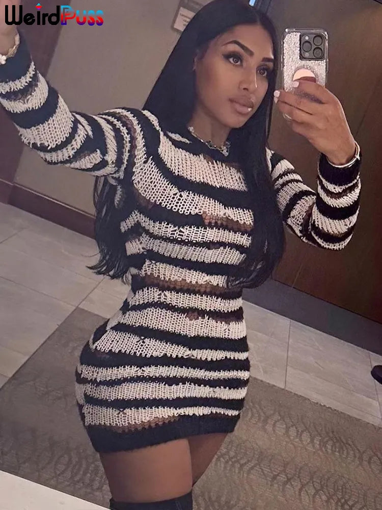 Knit Striped Long Sleeve Bodycon Dress