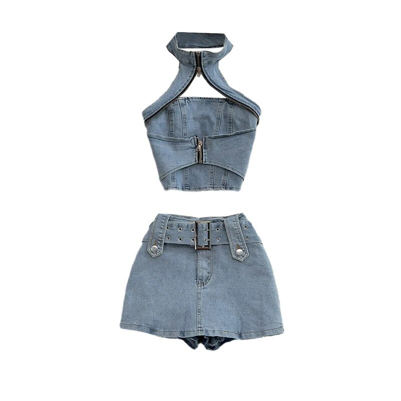 Backless Halter Denim Two Piece Set
