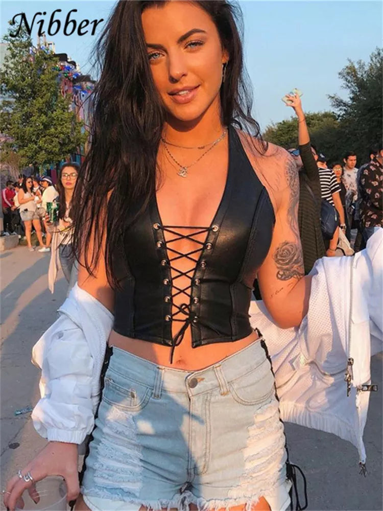 Sexy PU Leather Backless Crop Top