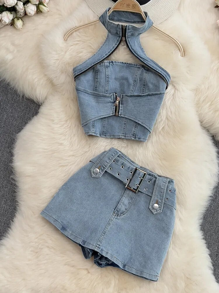 Backless Halter Denim Two Piece Set