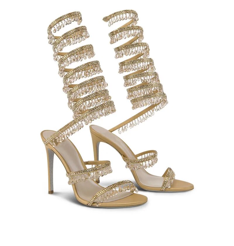 Long Gold Tassel Crystal Stiletto Heels