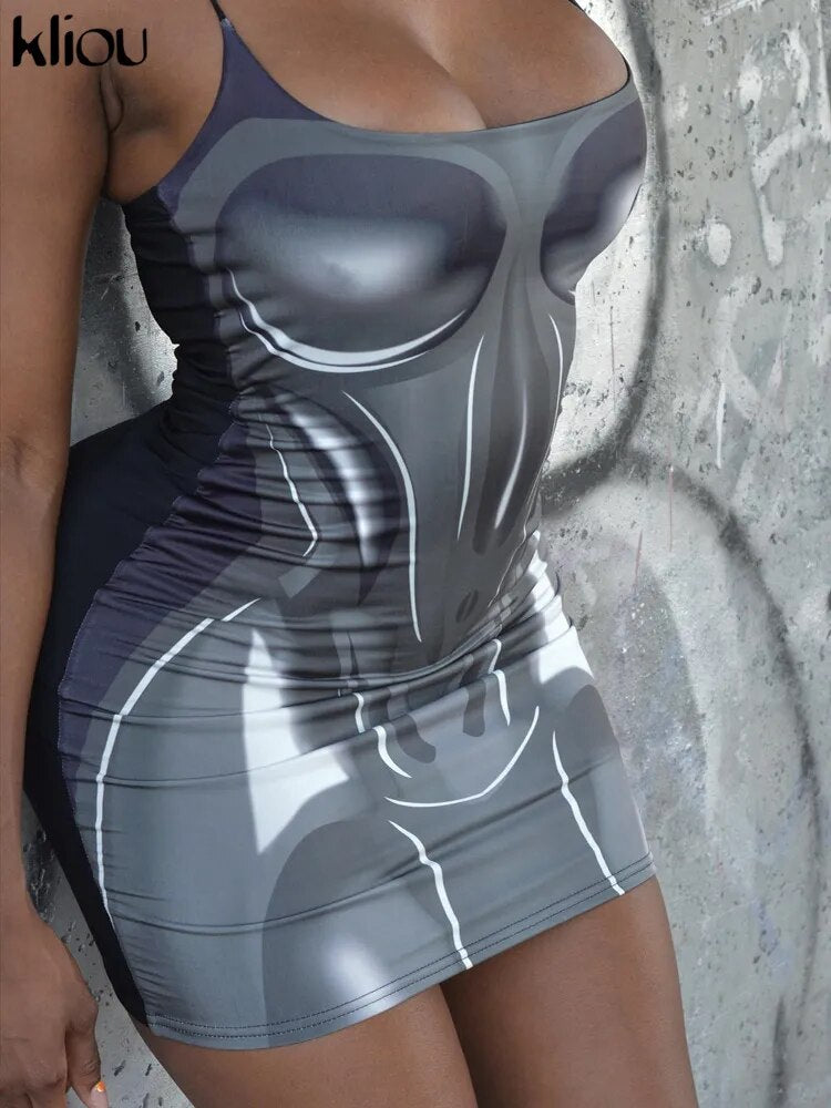 3D Print Spaghetti Strap Mini Dress