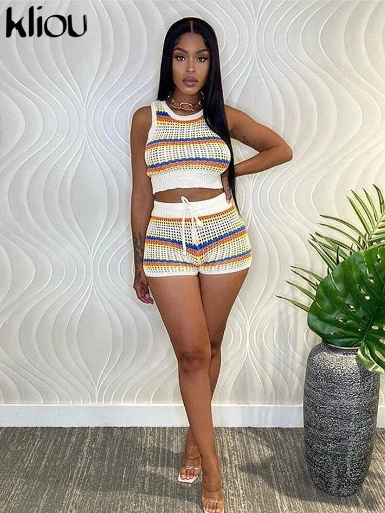 Knitted Striped Patchwork Two Piece Set Women Casual Hollow Out Skinny Tanks+Bandage High Waist Shorts Female Streetwear