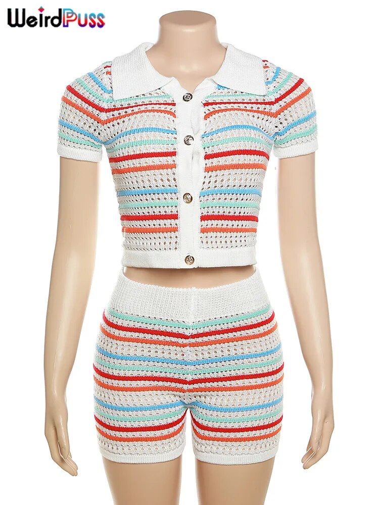 Striped 2 Piece Knit Shorts Set