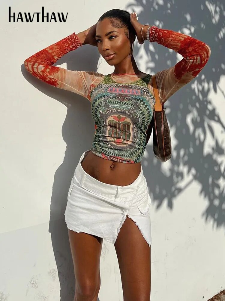 Long Sleeve Graphic Mesh See Through Tee