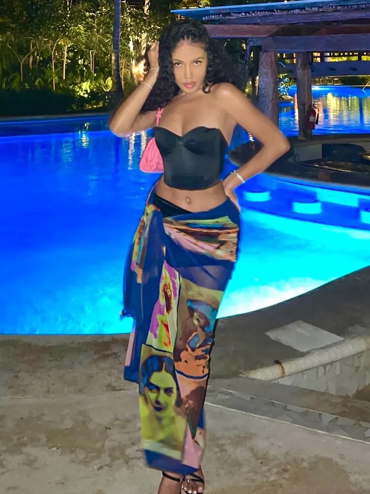 Printed Mesh Mid Waist Slant Skirt