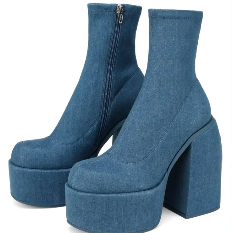 Denim Autumn Platform Chunky Heels