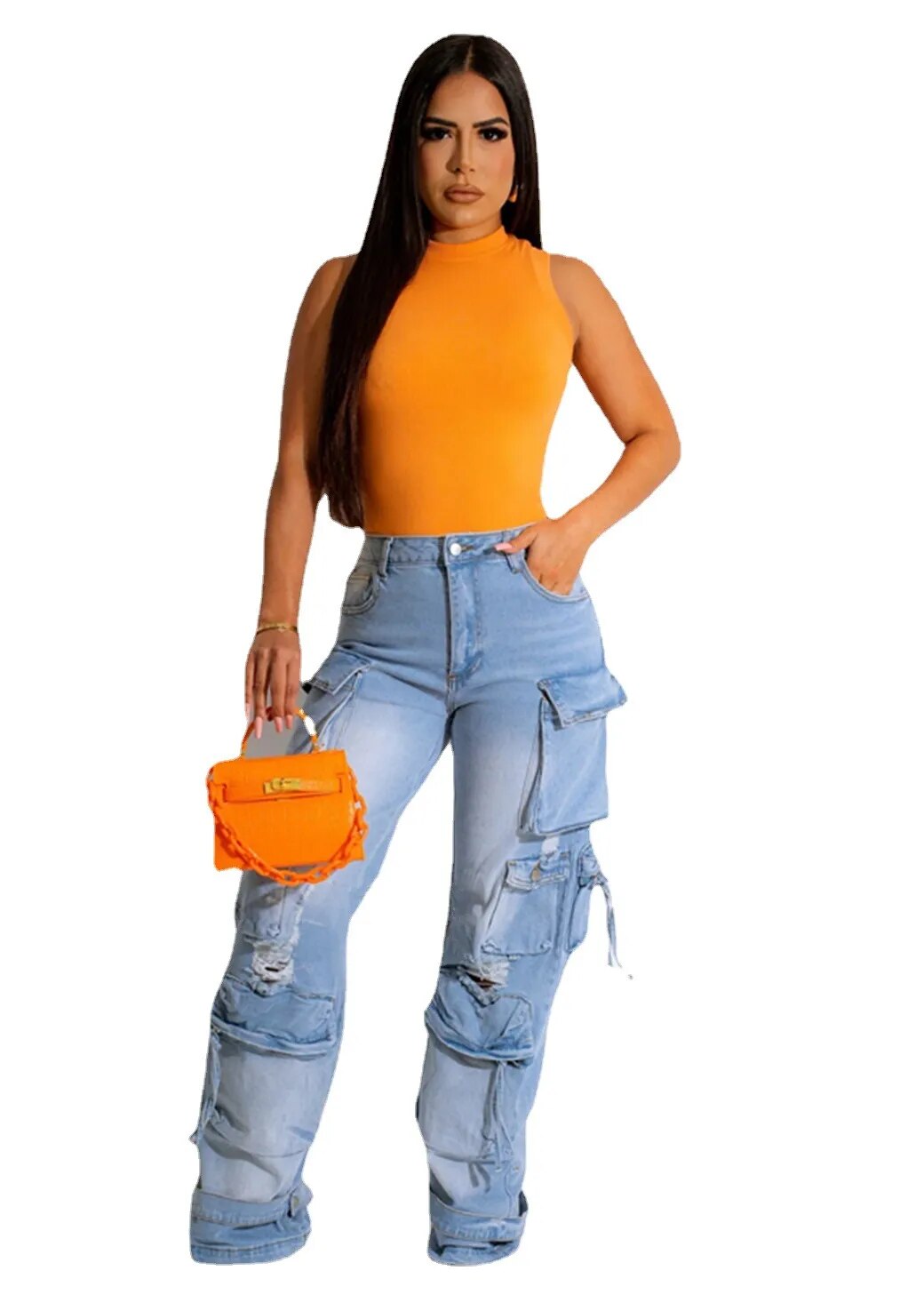 Multi Pocket Denim Cargo Jeans