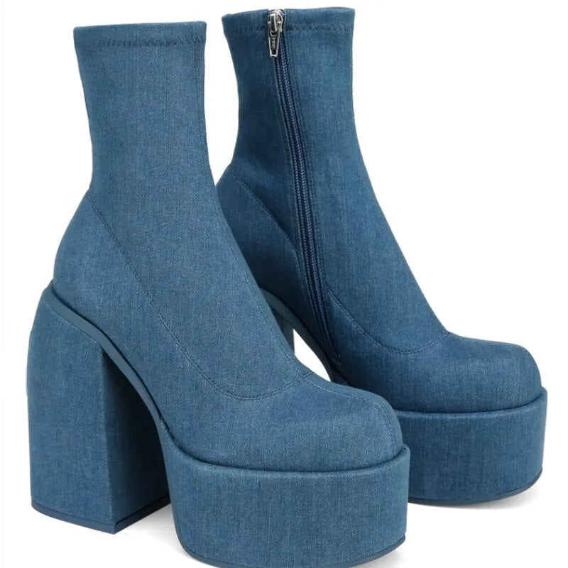 Denim Autumn Platform Chunky Heels