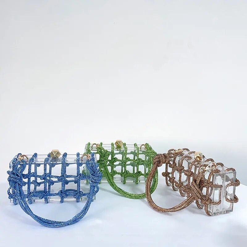 Blue Knot Handle Rhinestones Acrylic clutch Bag