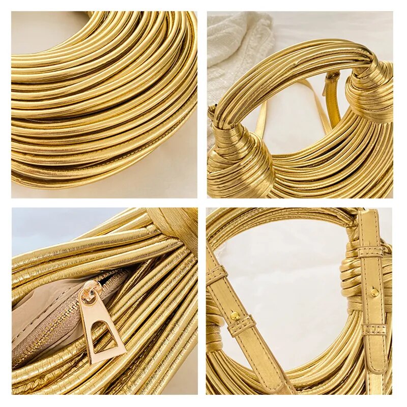 Handbags for Women 2023 New Gold Luxury Designer Brand Handwoven Noodle Bags Rope Knotted Pulled Hobo Silver Evening Clutch Chic