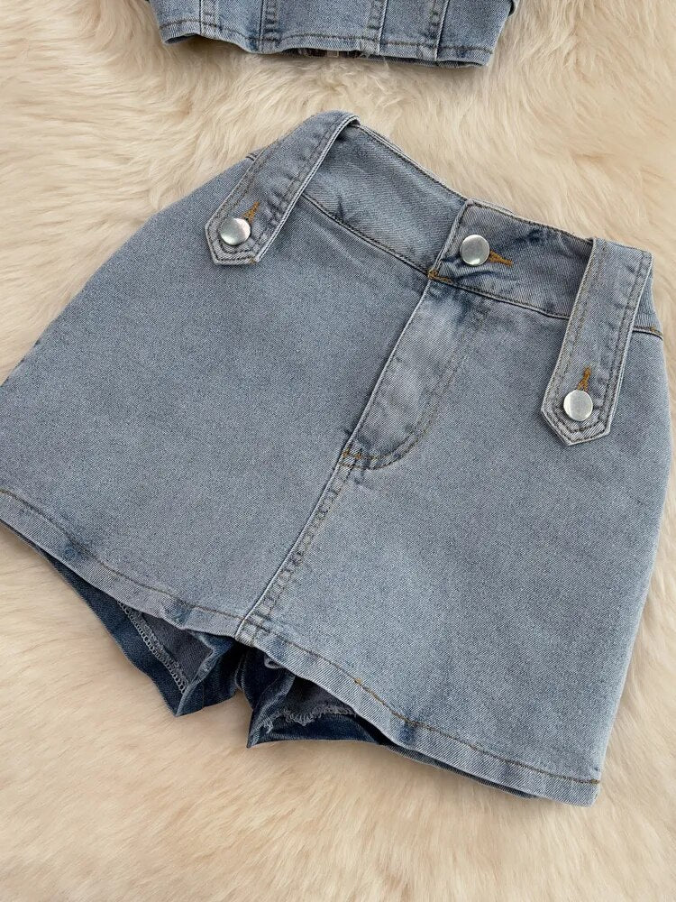 Backless Halter Denim Two Piece Set