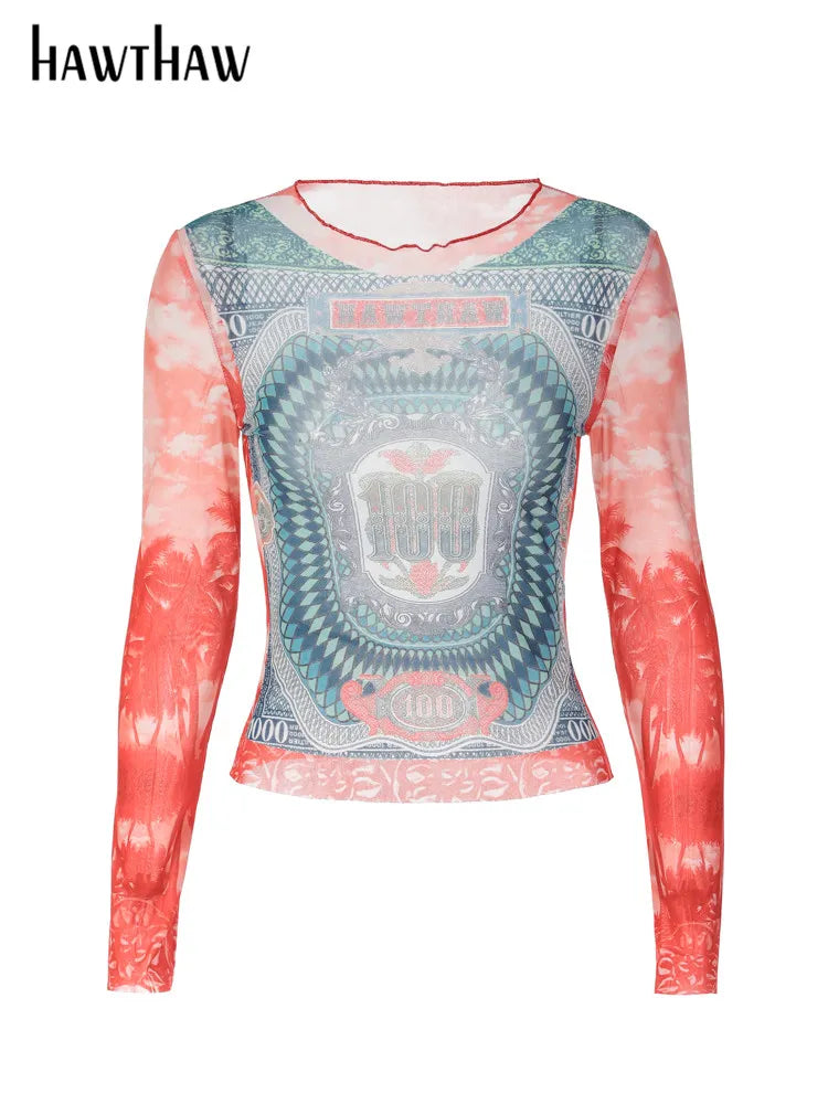 Long Sleeve Graphic Mesh See Through Tee