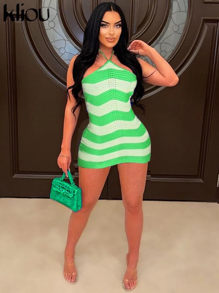 Knitted Striped Patchwork Halter Mini Dress Women Sexy Backless Sleeveless Skinny Stunning Cut Out Robe Female Streetwear