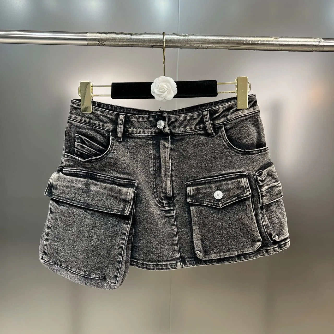 Grey Denim Mini Skirt Two Piece Set
