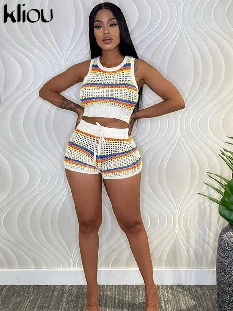 Knitted Striped Patchwork Two Piece Set Women Casual Hollow Out Skinny Tanks+Bandage High Waist Shorts Female Streetwear