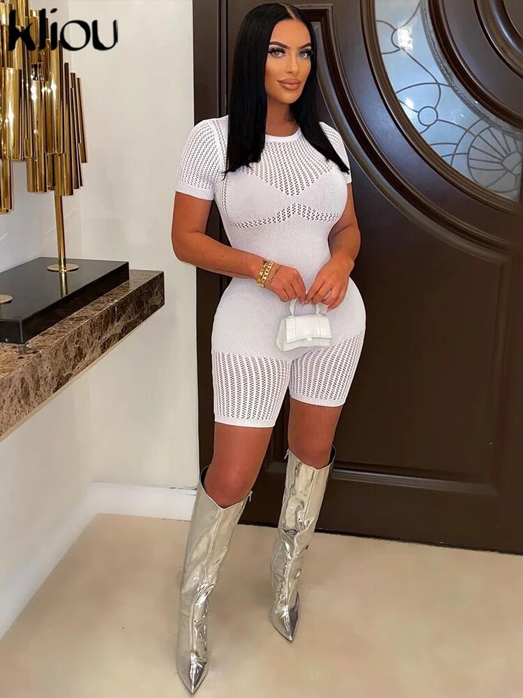 Sexy See Through Casual Short Sleeve O-neck Skinny Romper