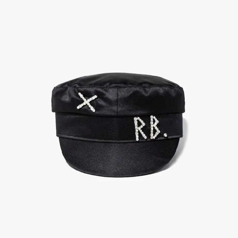 Black RB Rhinestone Lettering Beret