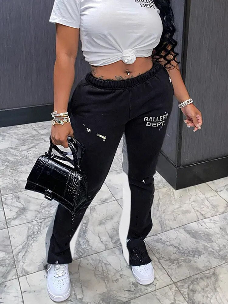 Graffiti Print Cargo Joggers Women'S Winter Colorful Sweatpants Straight Wide Leg Flared Sports Tracksuit Pants Y2K Color Block