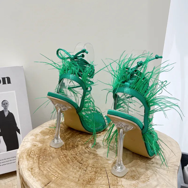 Green Rhinestone Feather Lace-up Square Toe High Heels