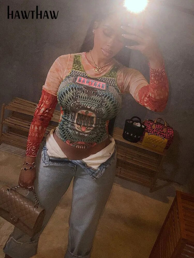 Long Sleeve Graphic Mesh See Through Tee