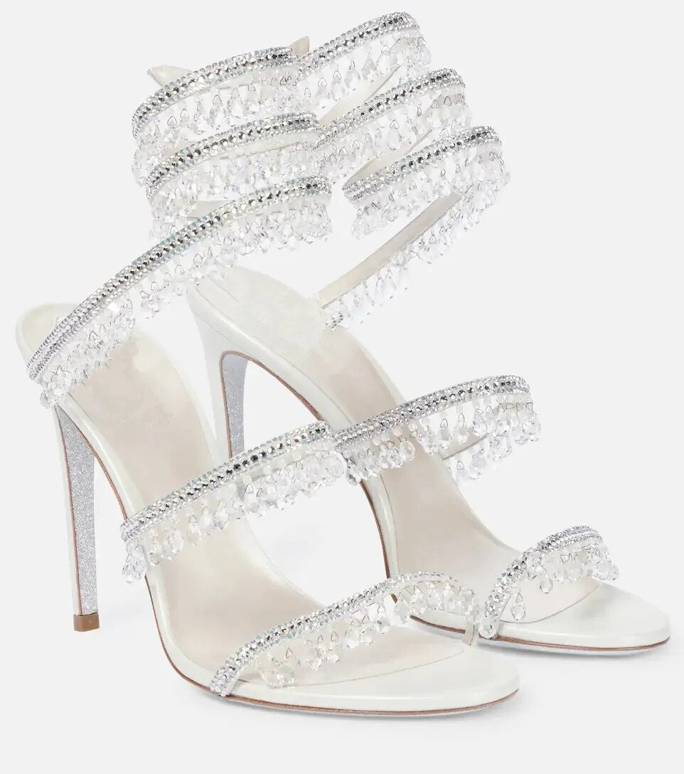 Short White Tassel Crystal Stiletto Heels