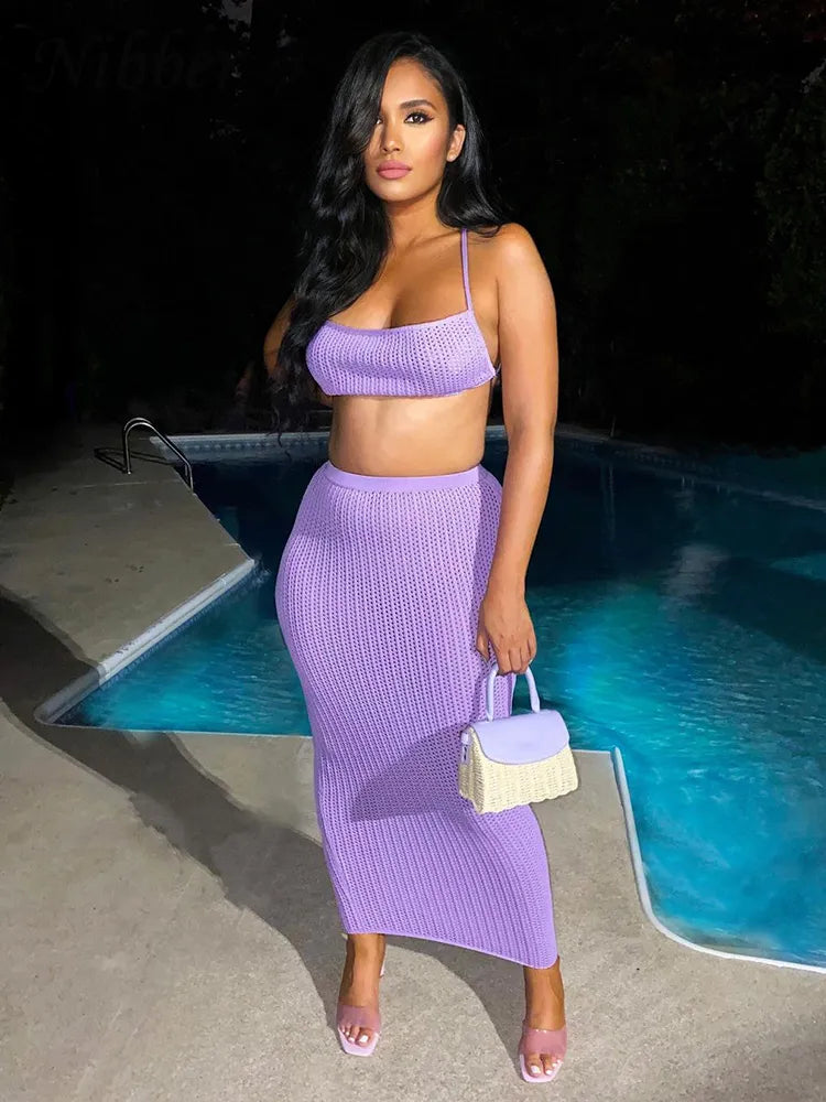 Knitted Halter Lace Up Tops + Maxi Skirt 2Two Piece Set