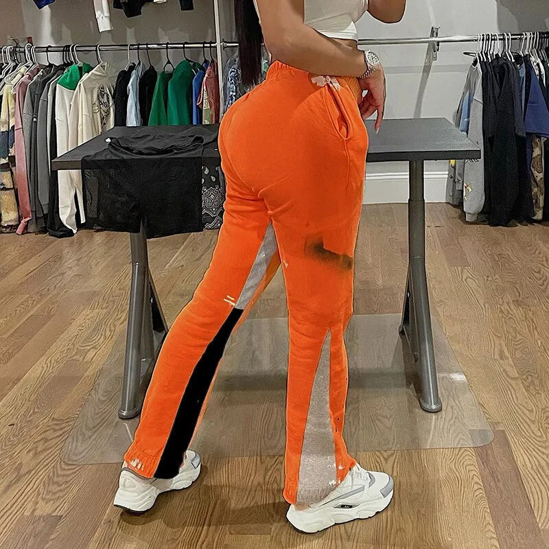 Graffiti Print Cargo Joggers Women'S Winter Colorful Sweatpants Straight Wide Leg Flared Sports Tracksuit Pants Y2K Color Block