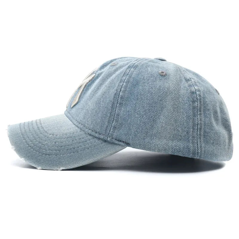 Light Wash Distressed MY Embroidered Denim Hat