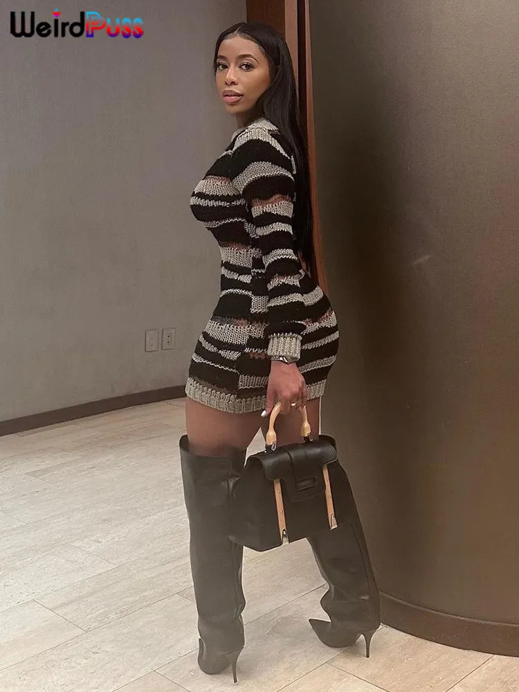Knit Striped Long Sleeve Bodycon Dress