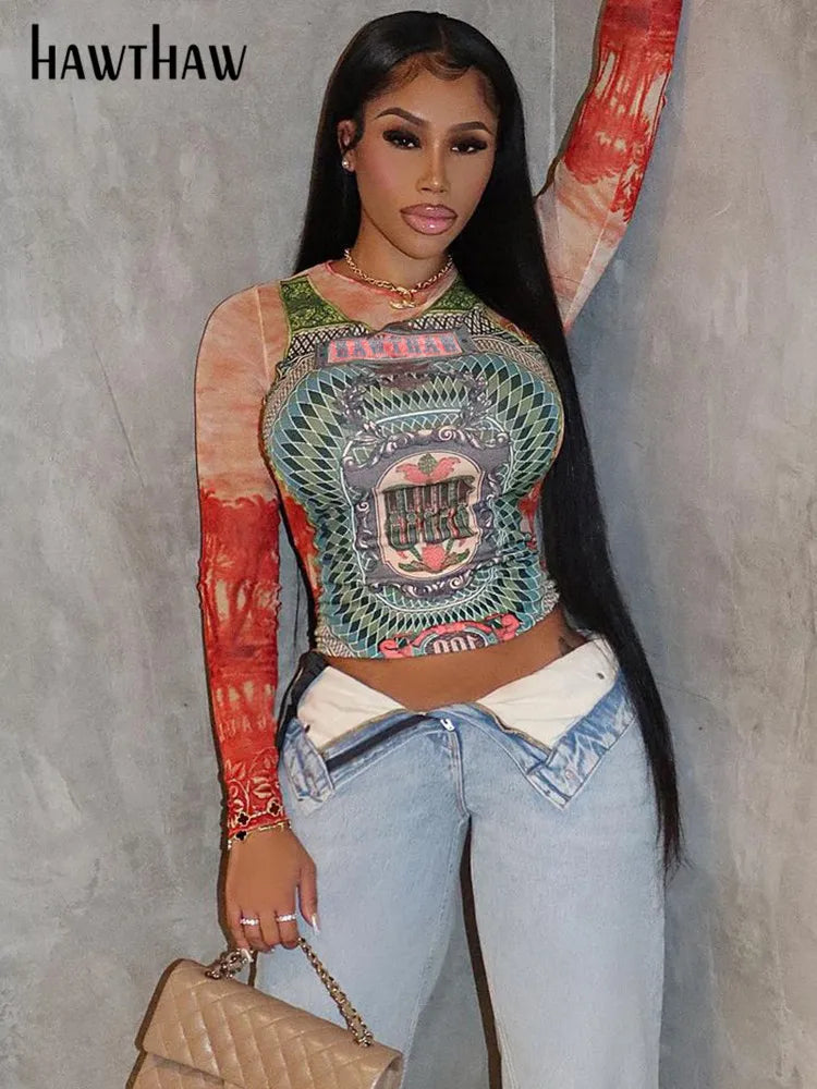 Long Sleeve Graphic Mesh See Through Tee
