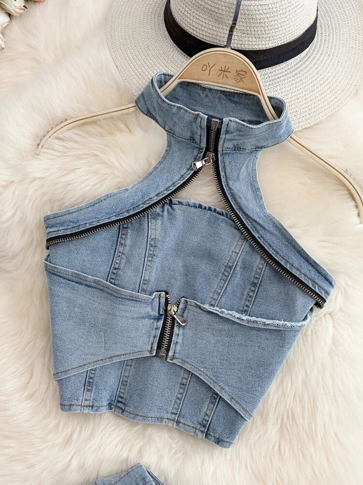 Backless Halter Denim Two Piece Set