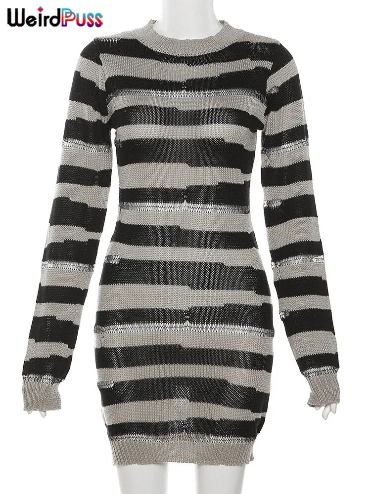 Knit Striped Long Sleeve Bodycon Dress