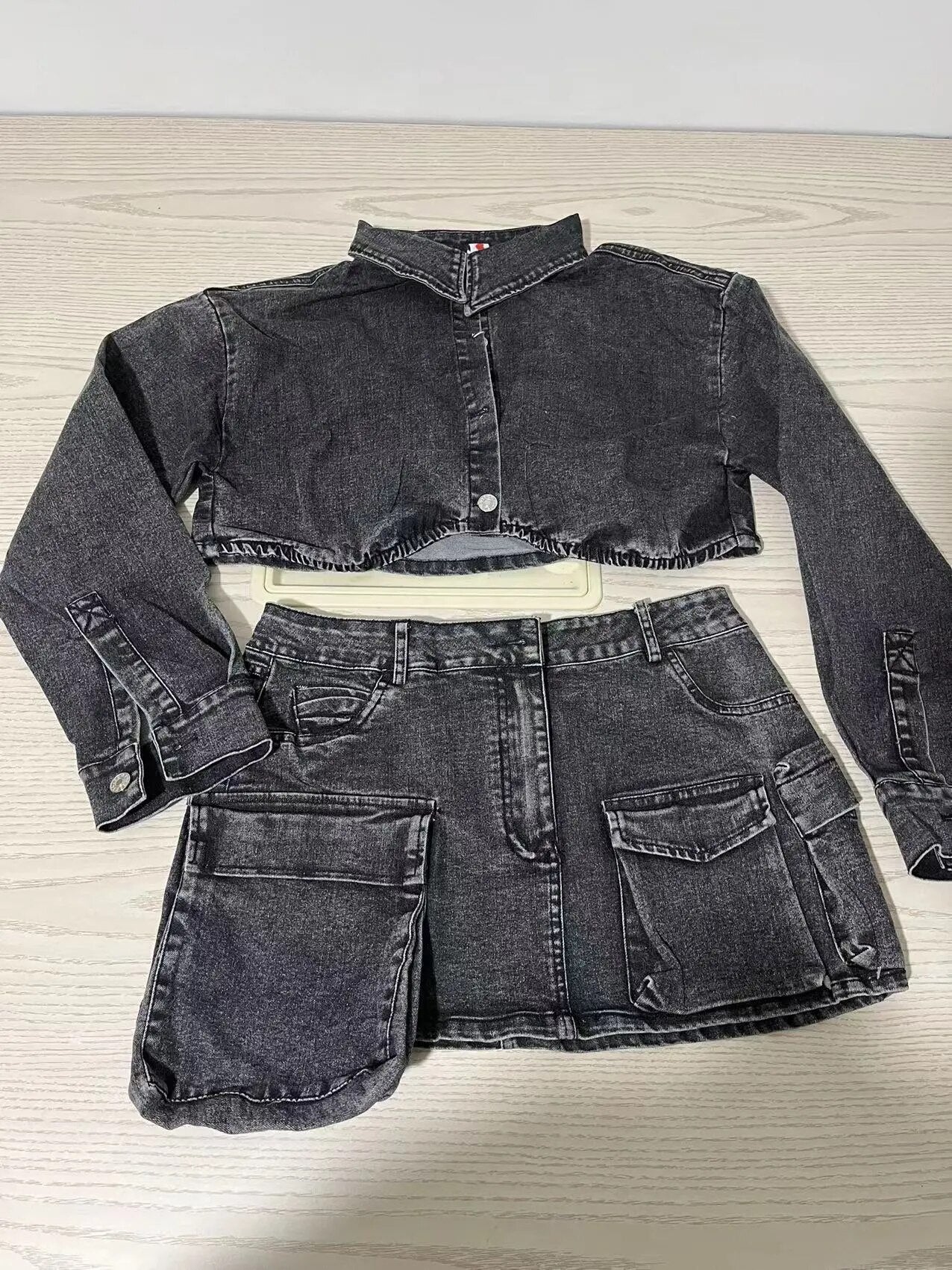 Grey Denim Mini Skirt Two Piece Set