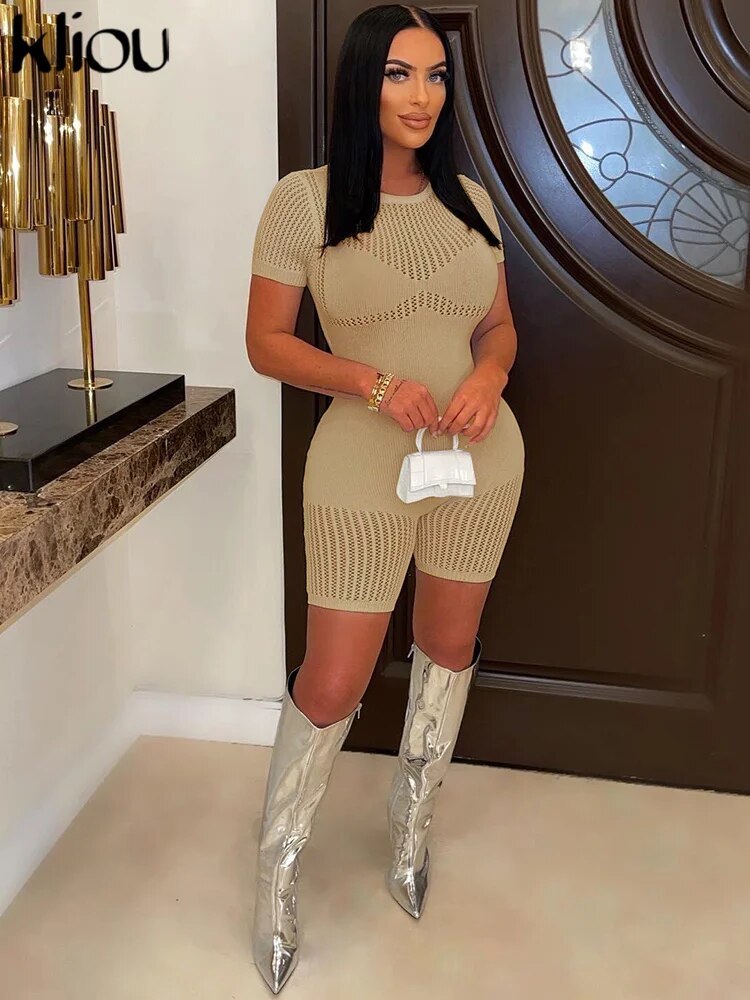 Sexy See Through Casual Short Sleeve O-neck Skinny Romper