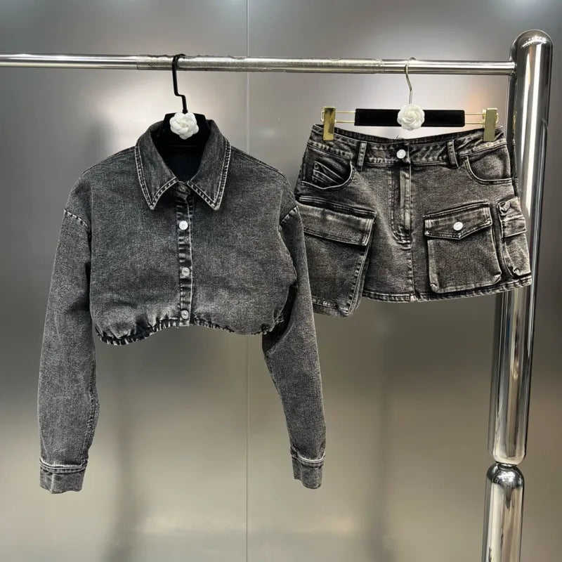 Grey Denim Mini Skirt Two Piece Set