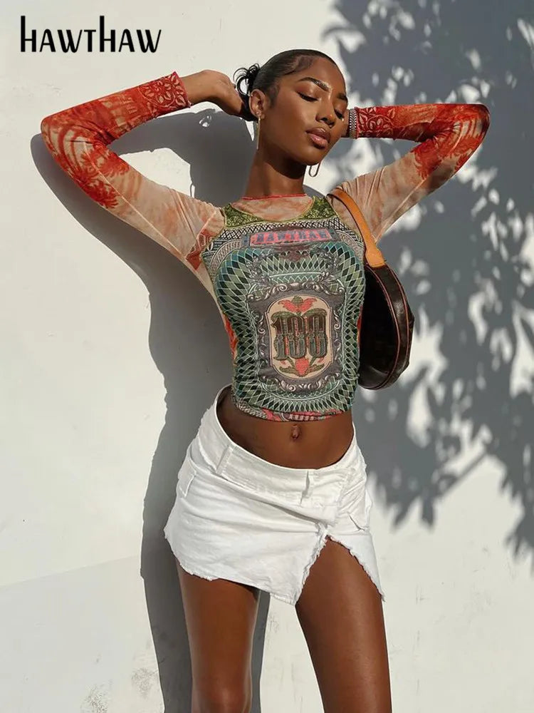 Long Sleeve Graphic Mesh See Through Tee