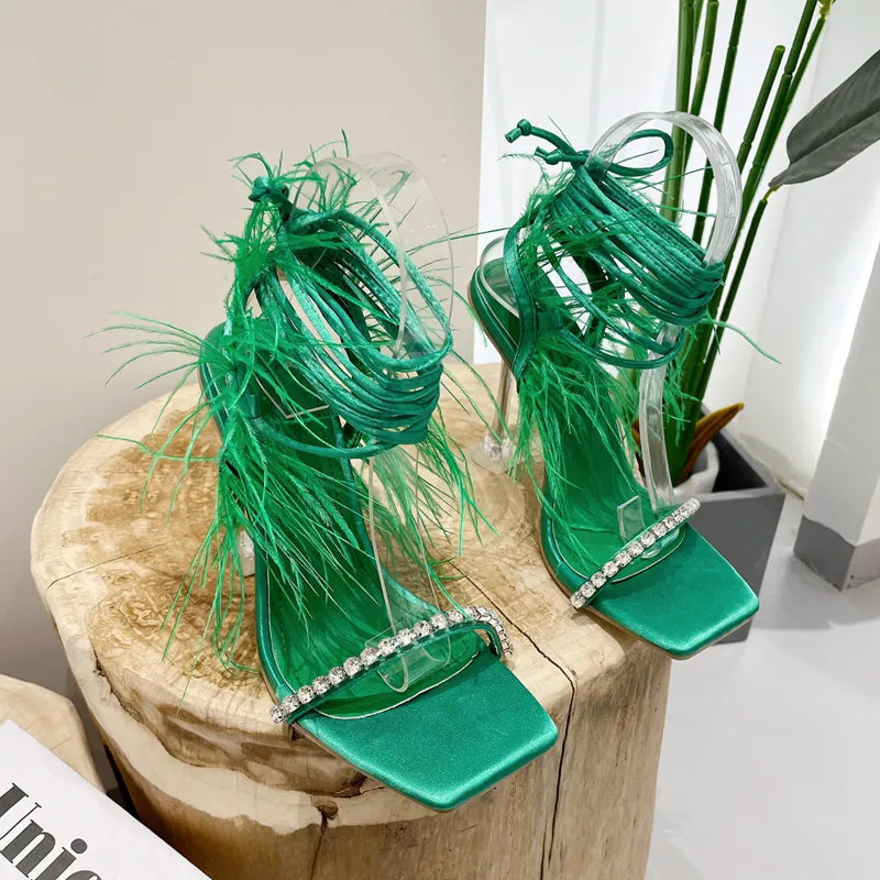 Green Rhinestone Feather Lace-up Square Toe High Heels