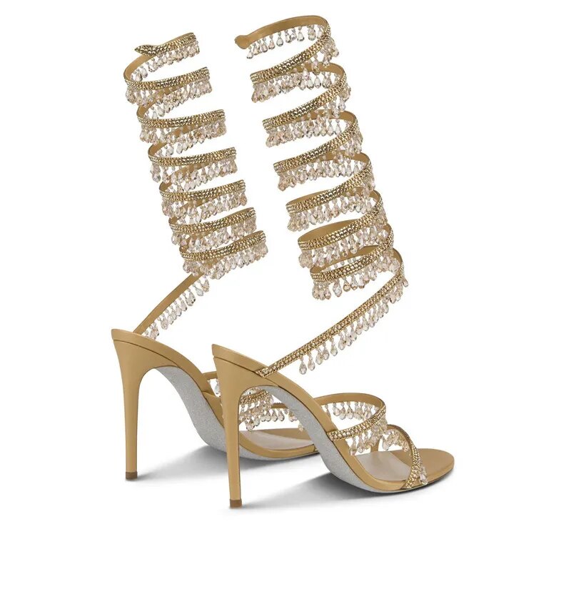 Long Gold Tassel Crystal Stiletto Heels