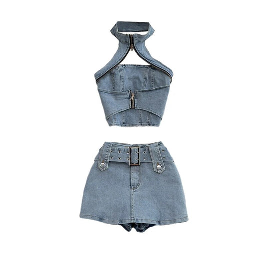 Backless Halter Denim Two Piece Set